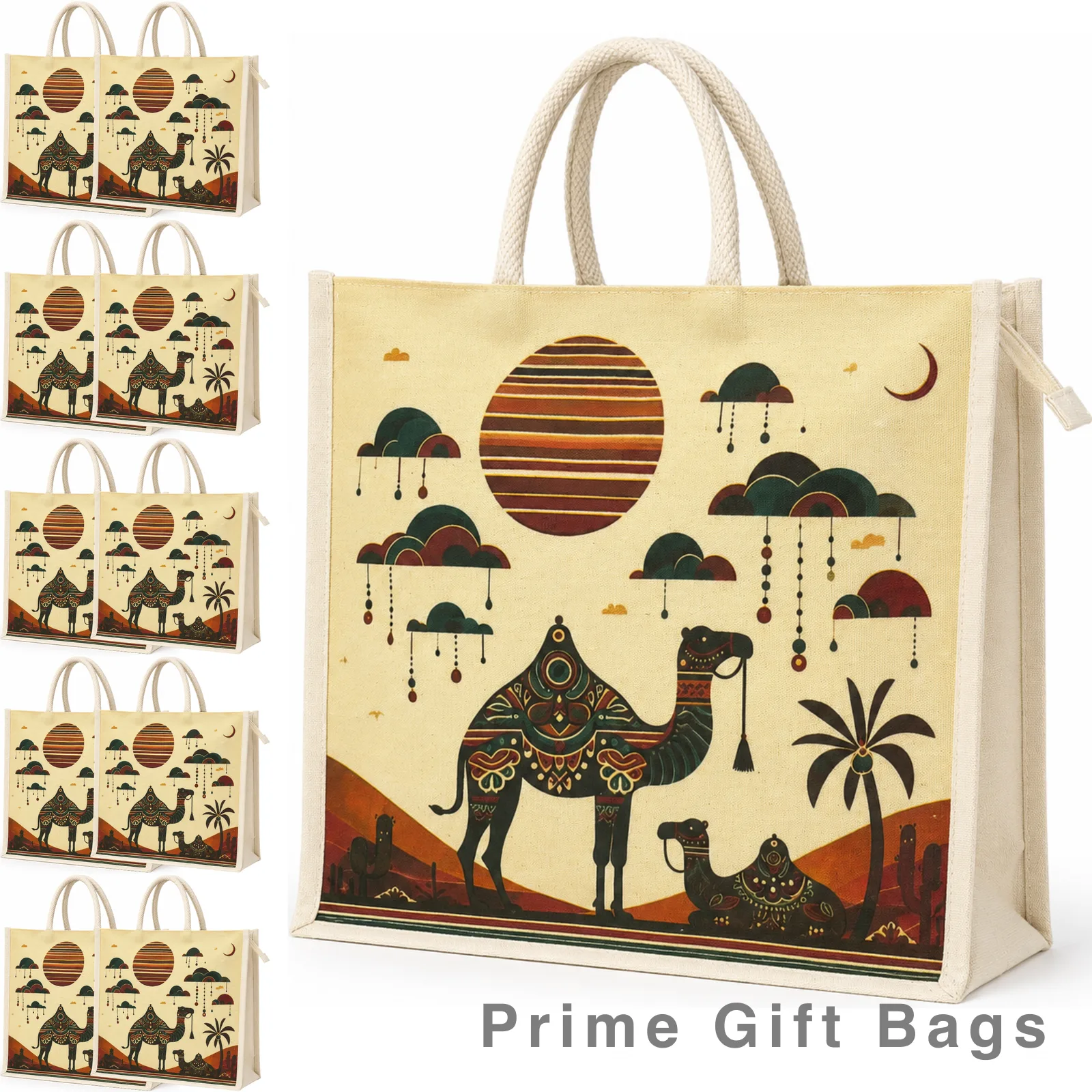 Boho Desert Camel Canvas Tote Bag — Ethnic Reusable Shopping Bag