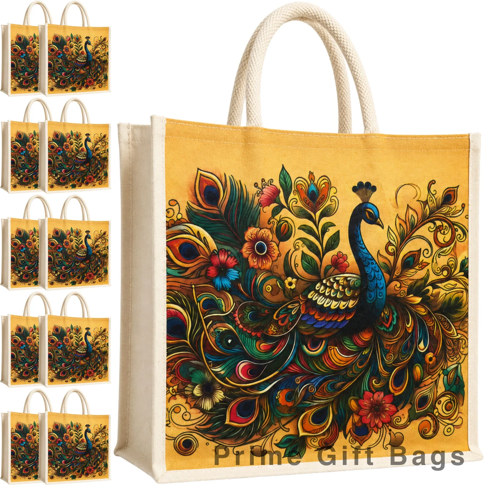 Peacock Canvas Tote Bag (Yellow) — Designer Reusable Shopper