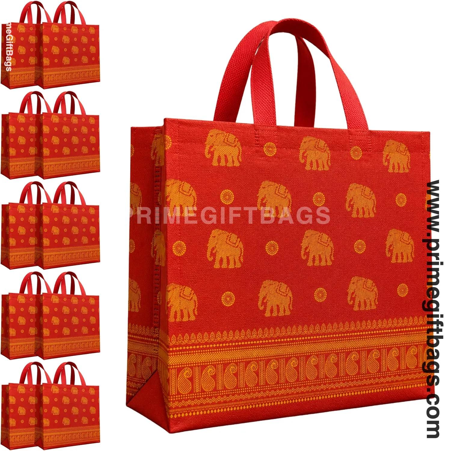 Red Elephant Print Non-Woven Gift Bags — Medium Pack of 10