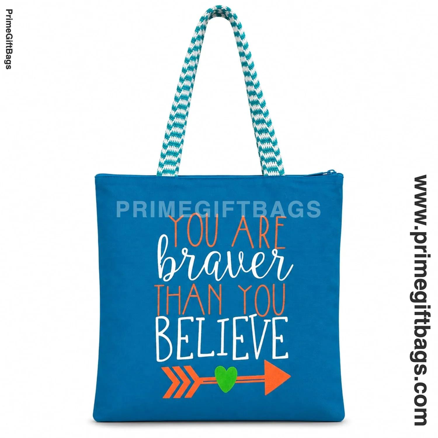 'Brave & Believe' Sky Blue Canvas Tote Bag — Zip Closure Everyday Shopper