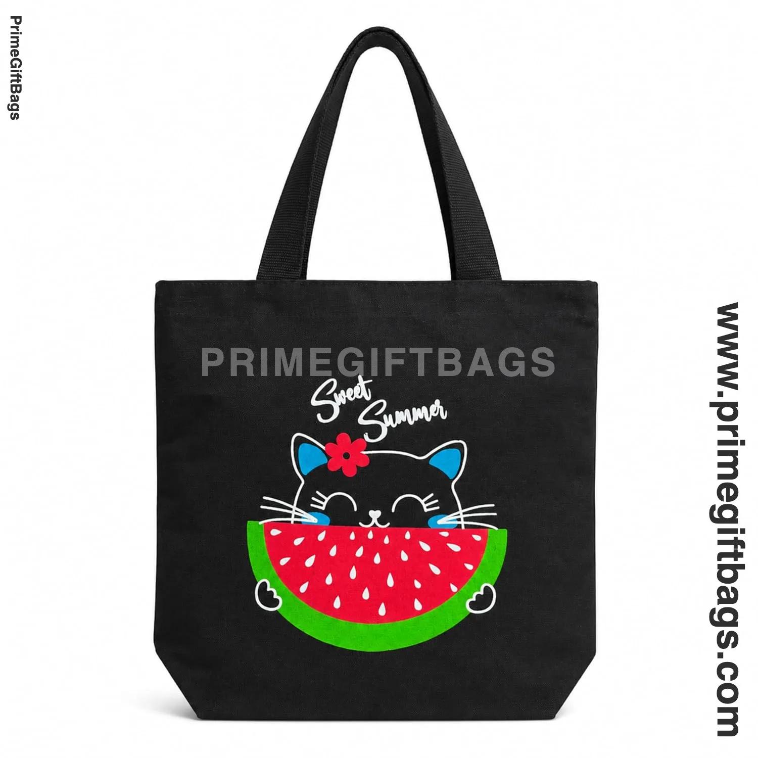'Sweet Summer' Black Watermelon Cat Canvas Tote Bag — Zip Closure Everyday Shopper