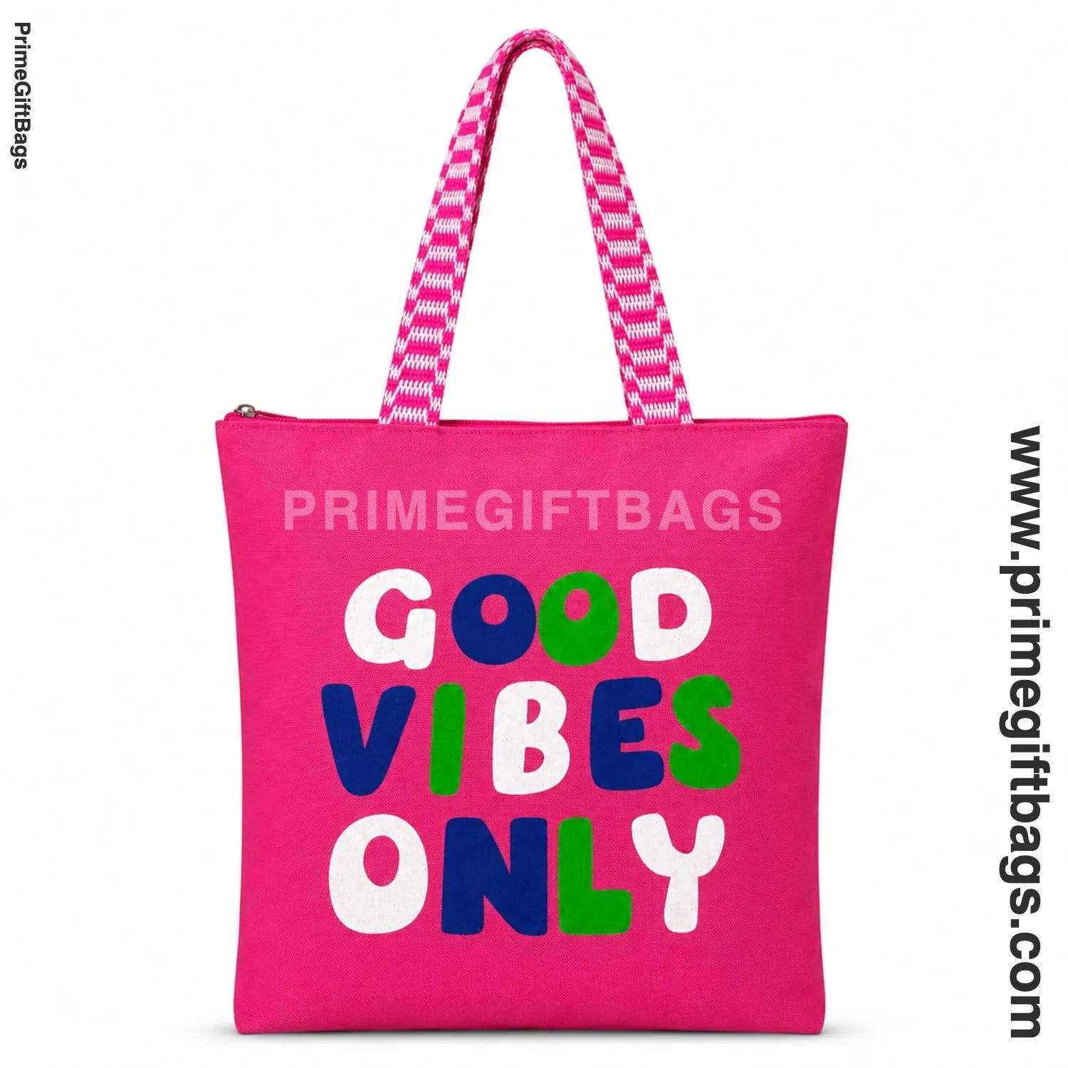 'Good Vibes Only' Pink Canvas Tote Bag — Zip Closure Everyday Shopper