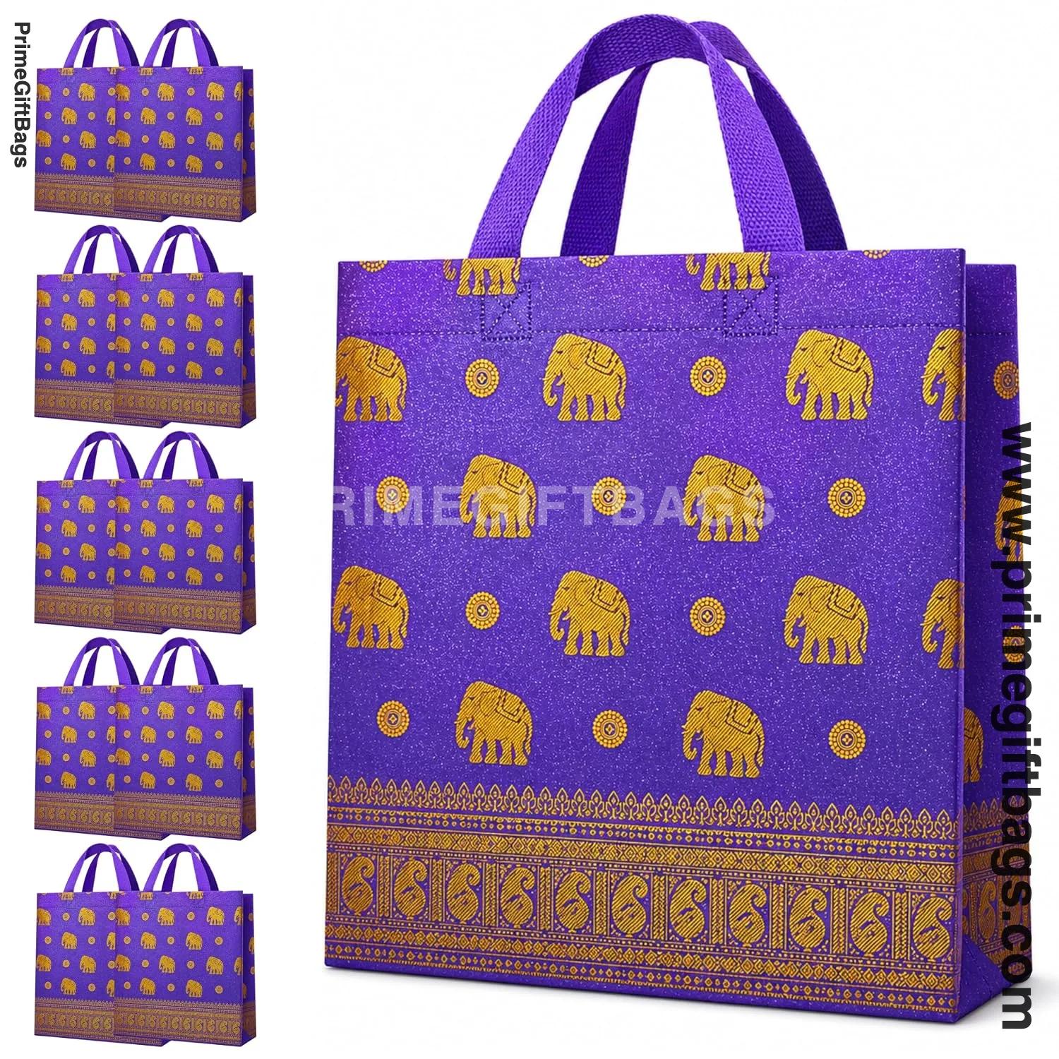 Purple Elephant Print Non-Woven Gift Bags — Medium Pack of 10