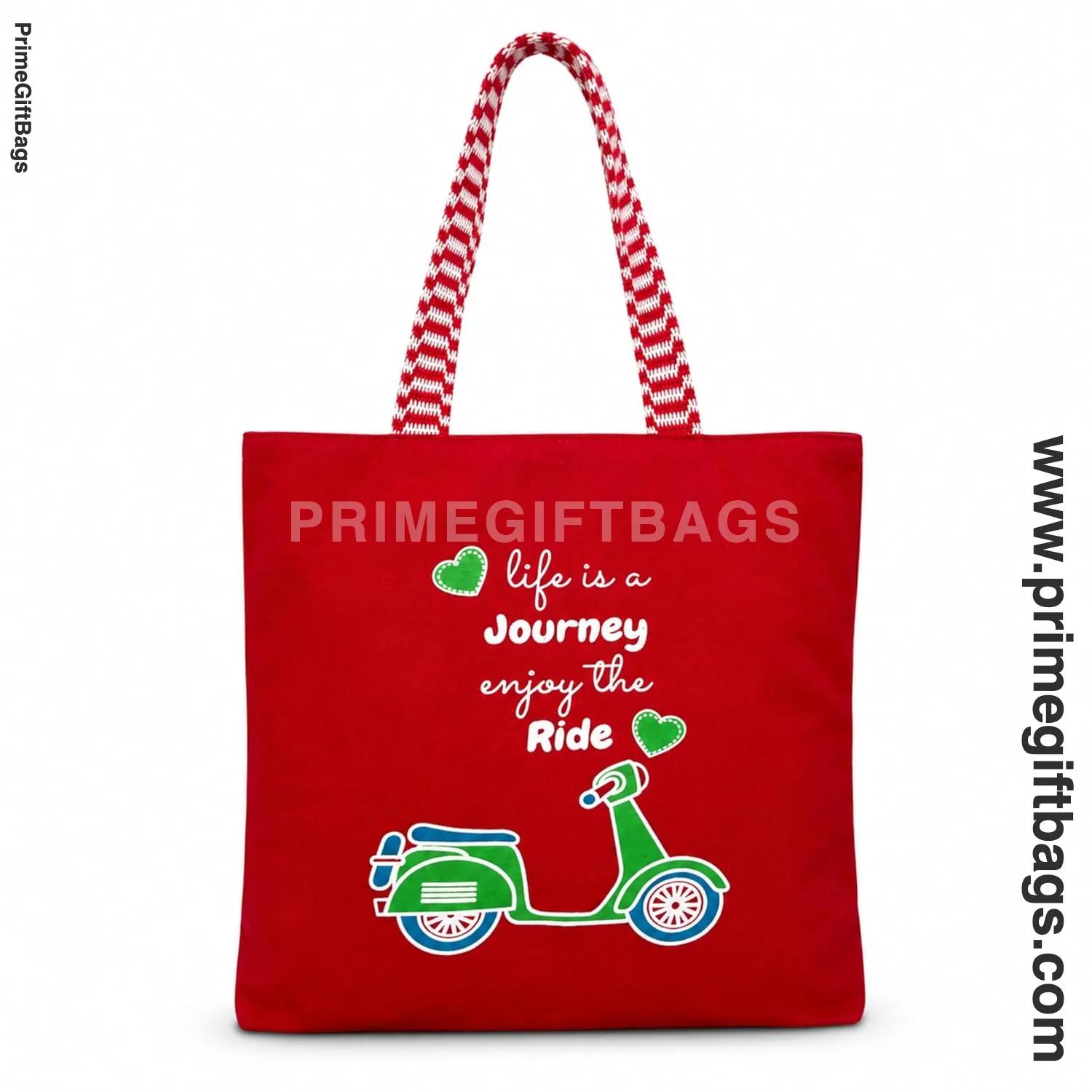 'Journey Ride' Red Scooter Print Canvas Tote Bag — Zip Closure Everyday Shopper