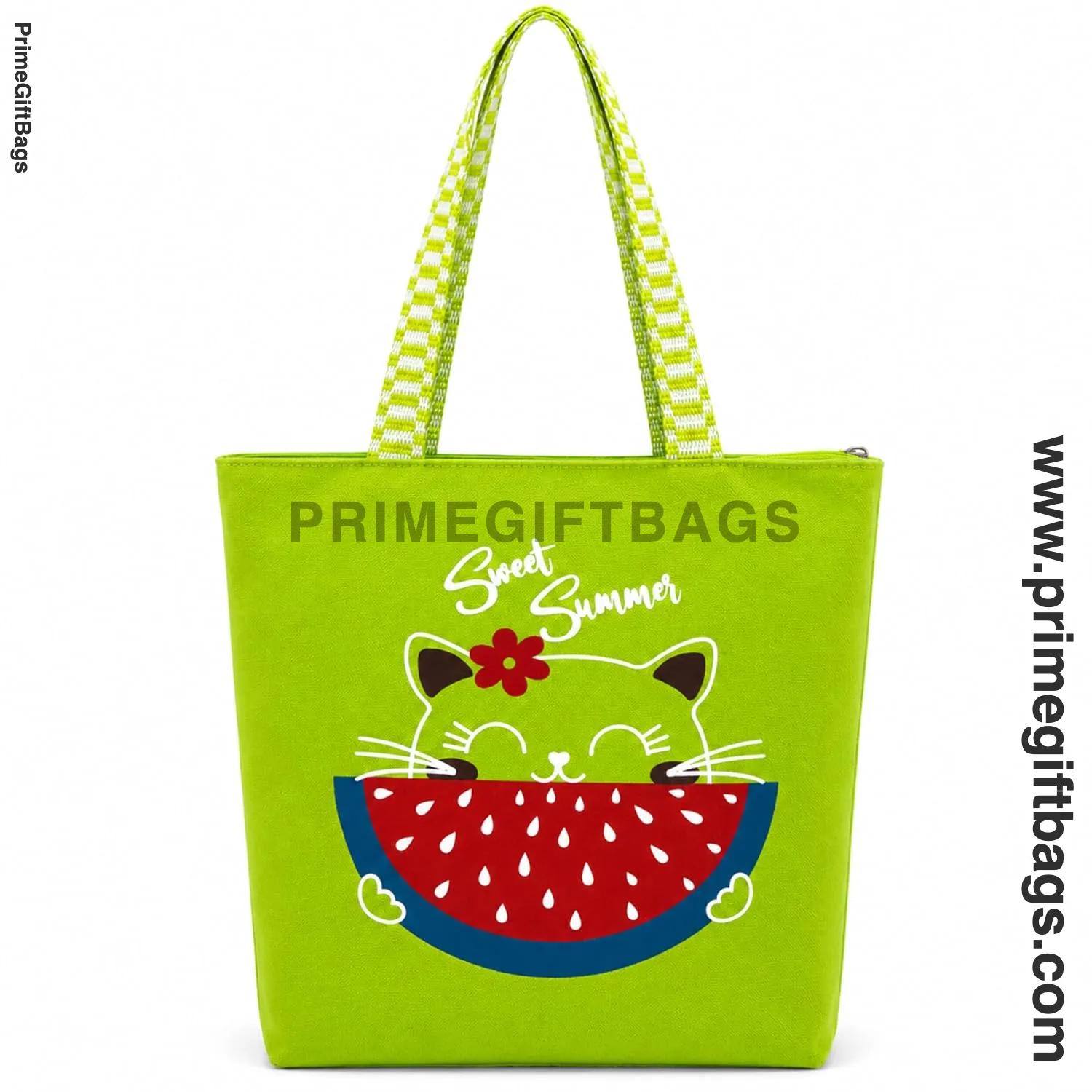 'Sweet Summer' Green Watermelon Cat Canvas Tote Bag — Zip Closure Everyday Shopper