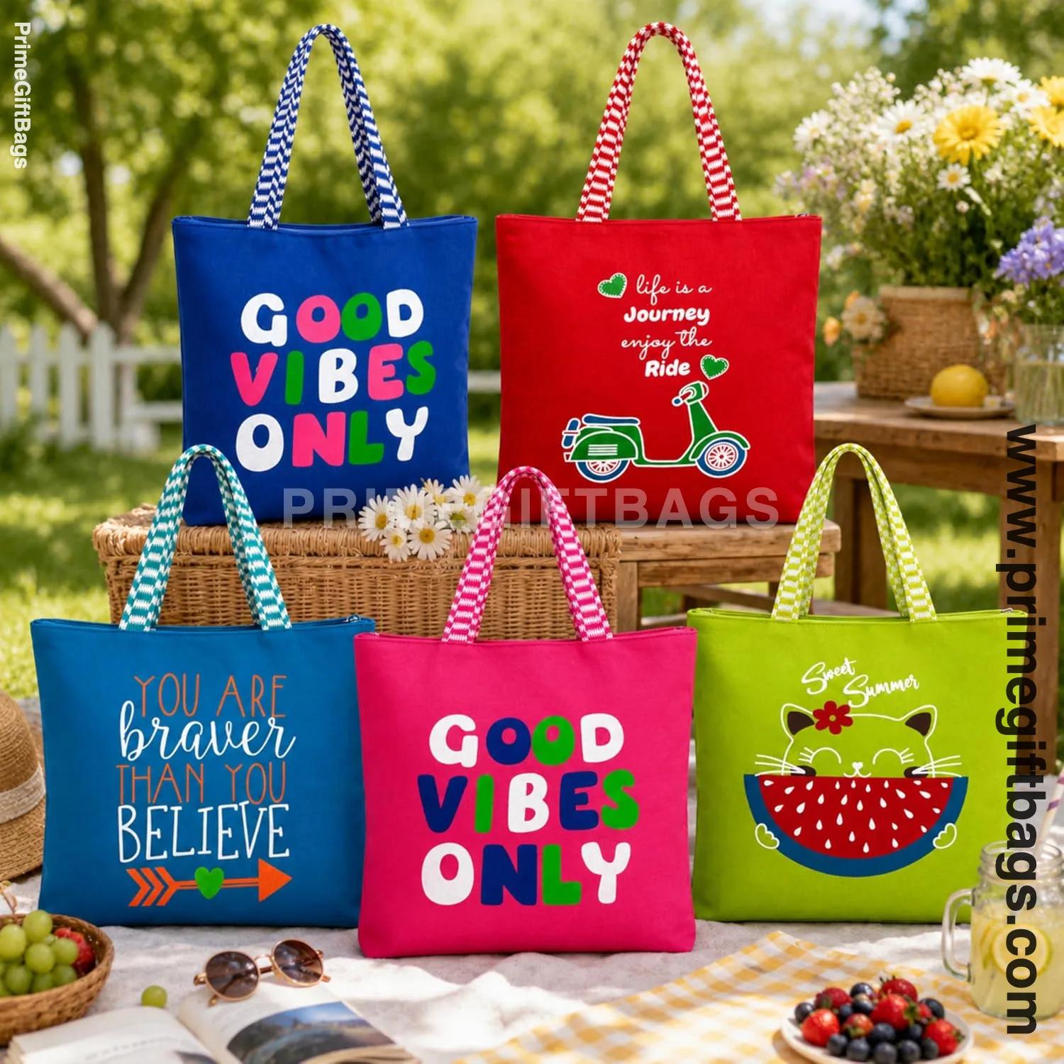 Assorted Vibes Canvas Tote Bags — Pack of 5 Mixed Prints with Zip