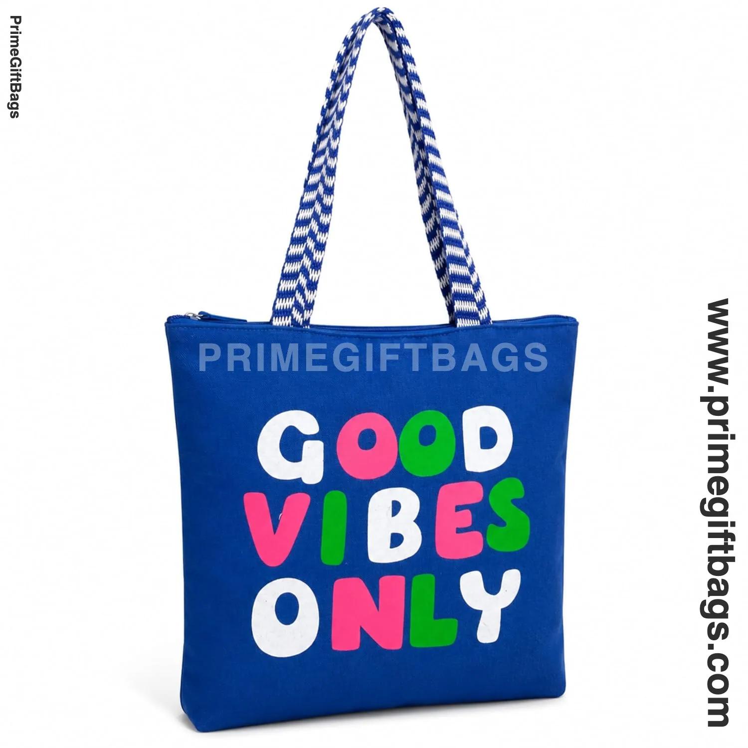 'Good Vibes Only' Royal Blue Canvas Tote Bag — Zip Closure Everyday Shopper