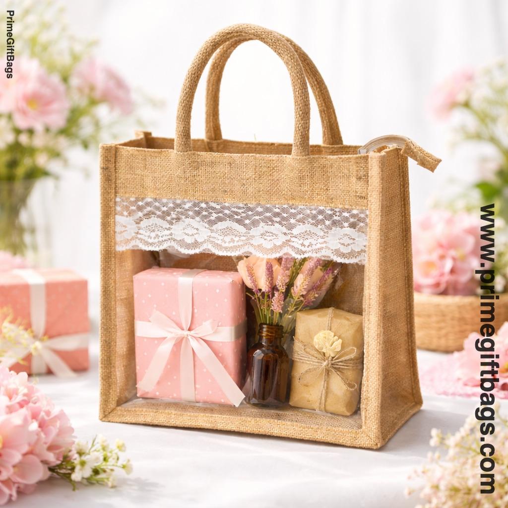 Natural Jute Bag with Clear Window — Hamper & Tambulam Gift Tote