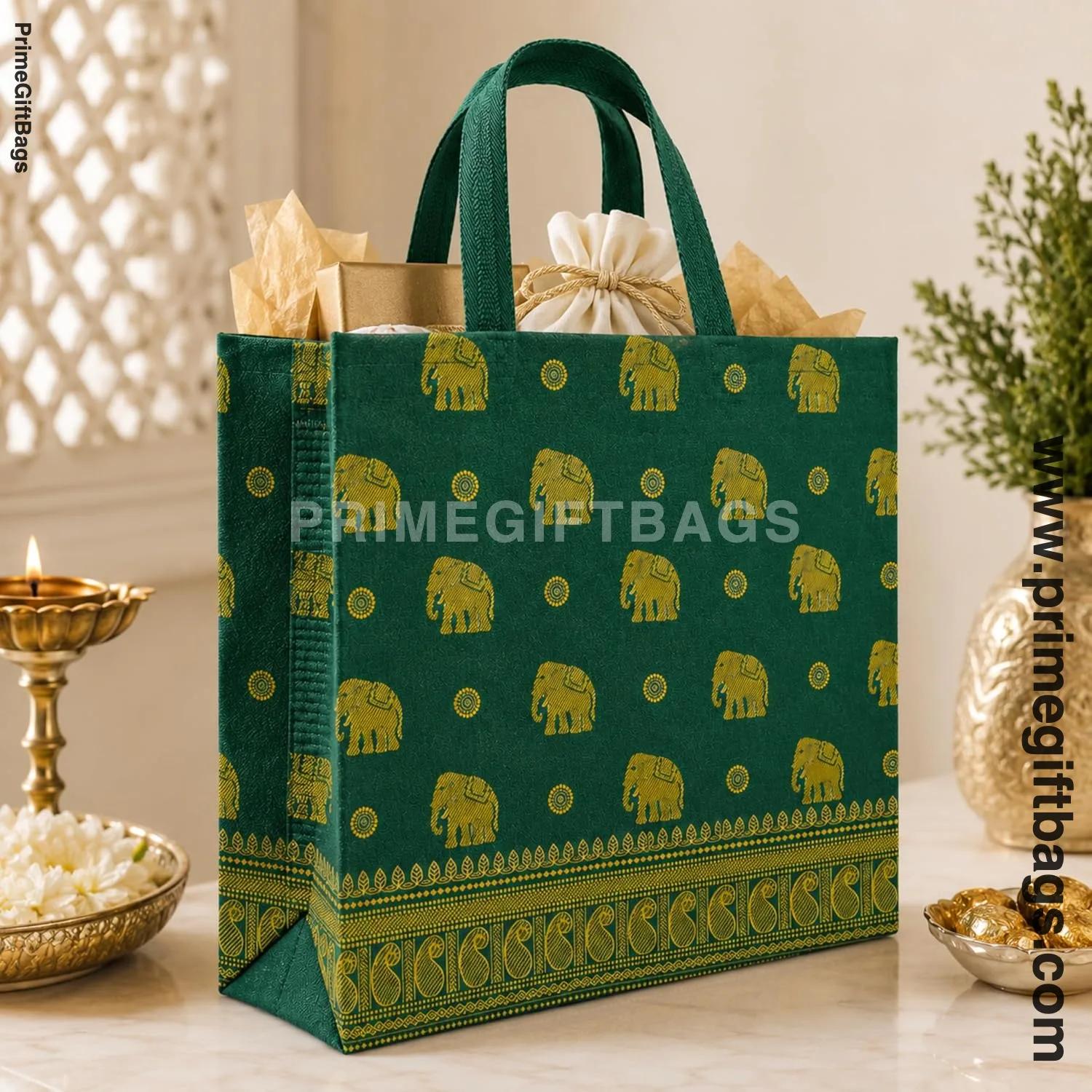 Green Elephant Print Non-Woven Gift Bags — Medium Pack of 10