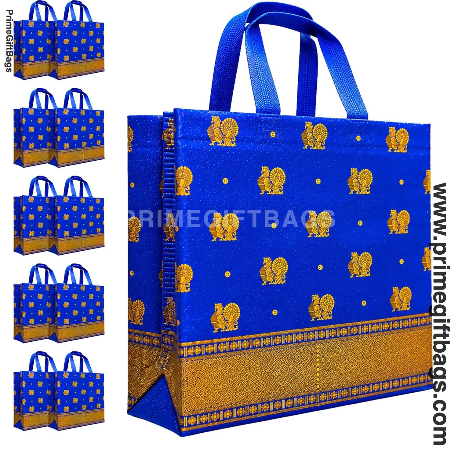 Royal Blue Peacock Print Non-Woven Gift Bags — Medium Pack of 10