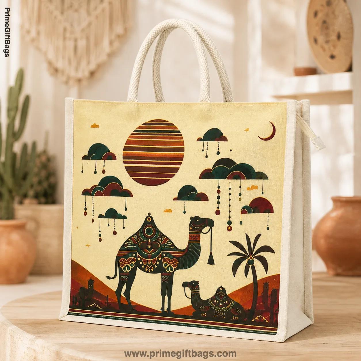 Boho Desert Camel Canvas Tote Bag — Ethnic Reusable Shopping Bag