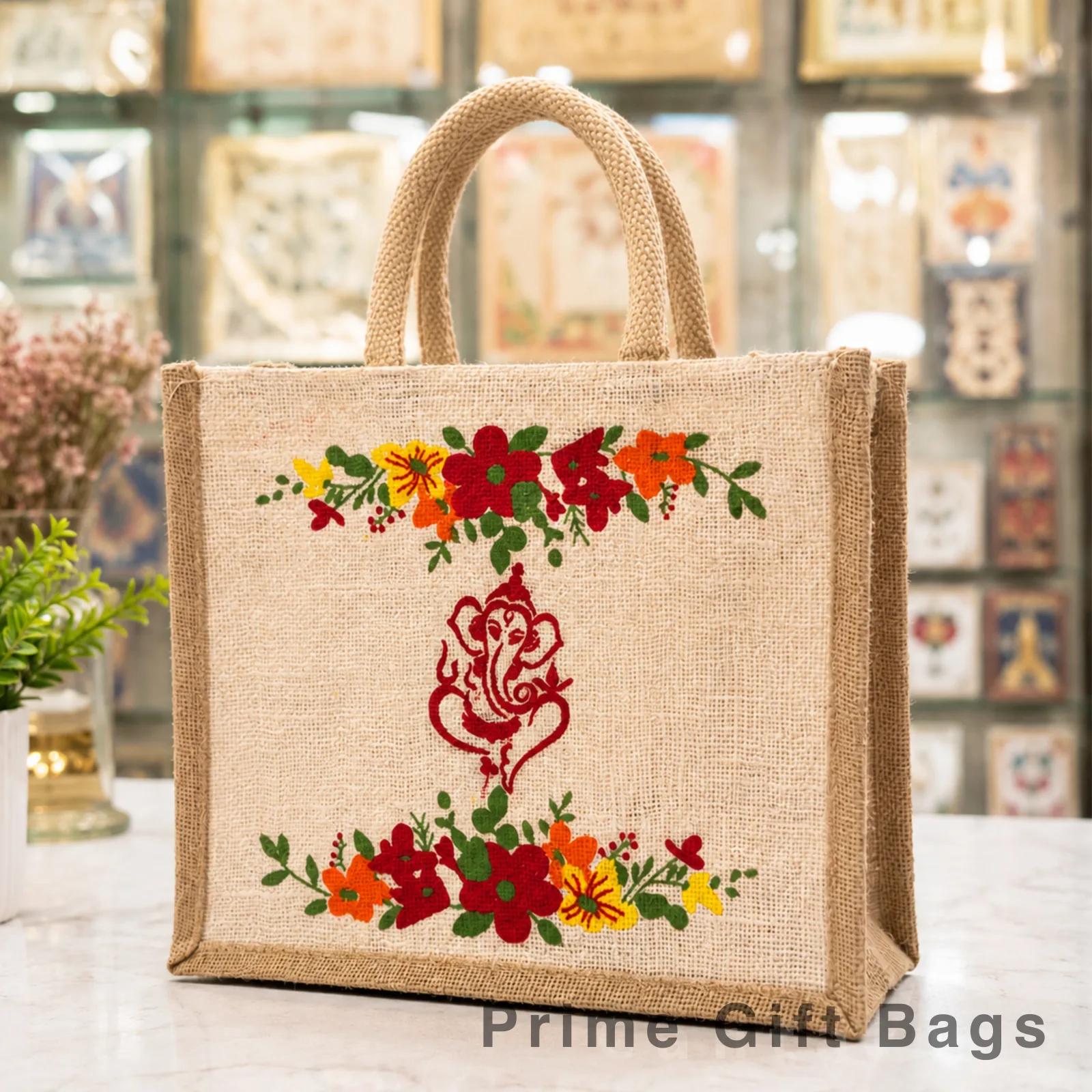 Divine Ganesha Floral Zip Jute Bag — Wedding Pooja Return Gift Tote