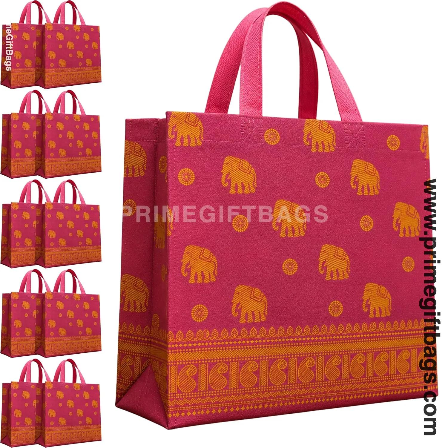 Magenta Elephant Print Non-Woven Gift Bags — Medium Pack of 10
