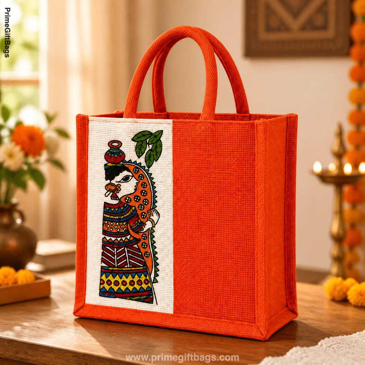 Goddess Durga Multicolor Zip Jute Bag — Festive Return Gift Tote