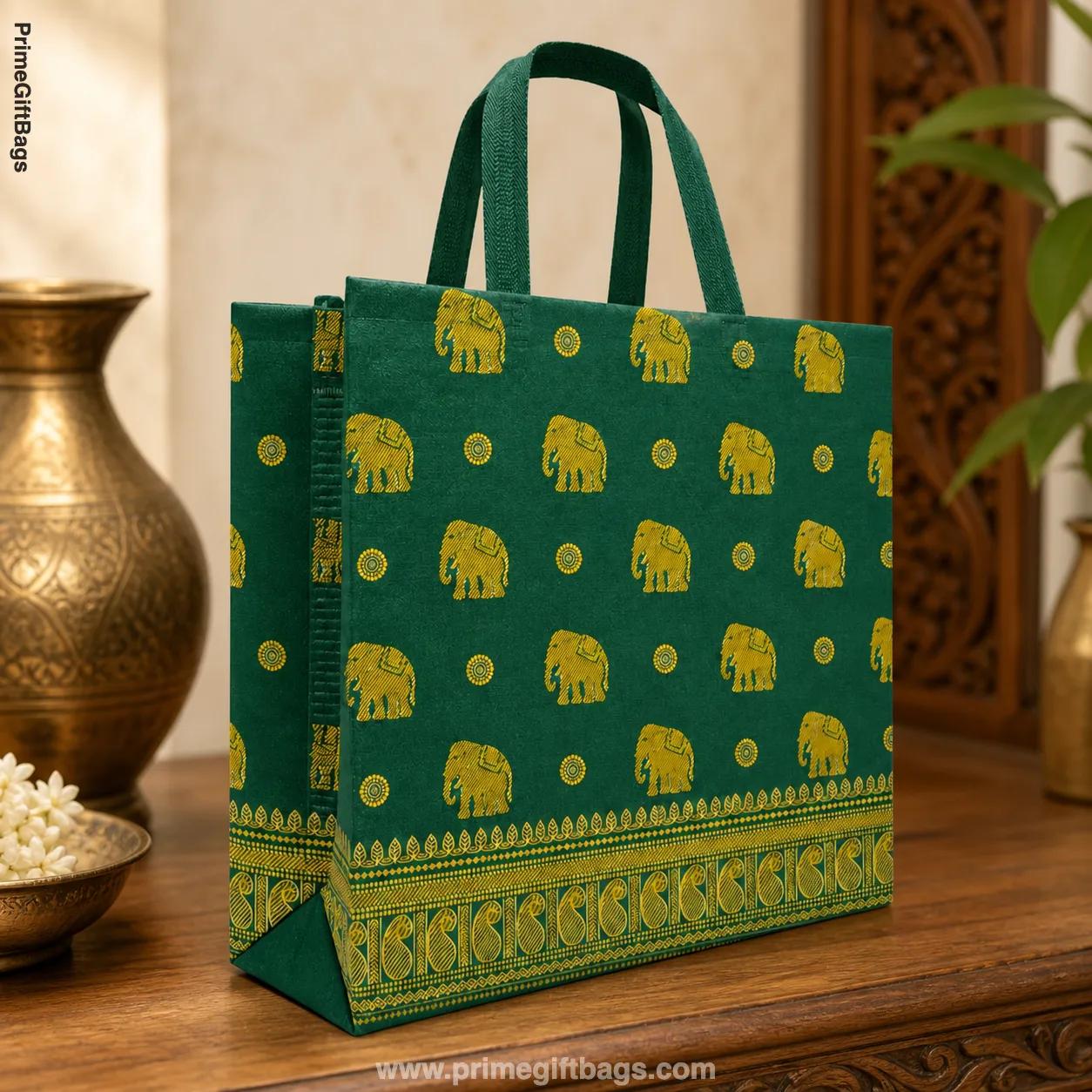 Green Elephant Print Non-Woven Gift Bags — Medium Pack of 10