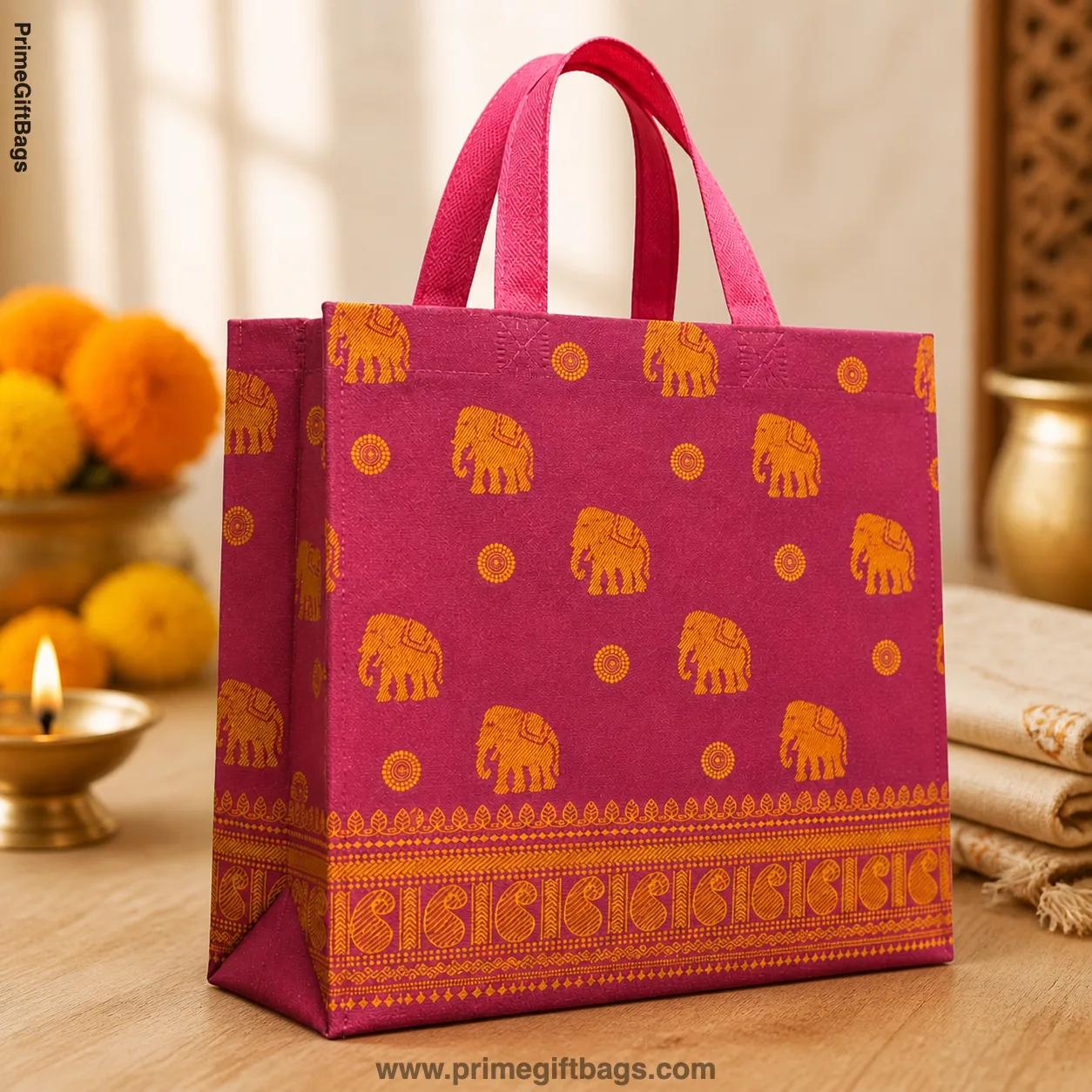 Magenta Elephant Print Non-Woven Gift Bags — Medium Pack of 10