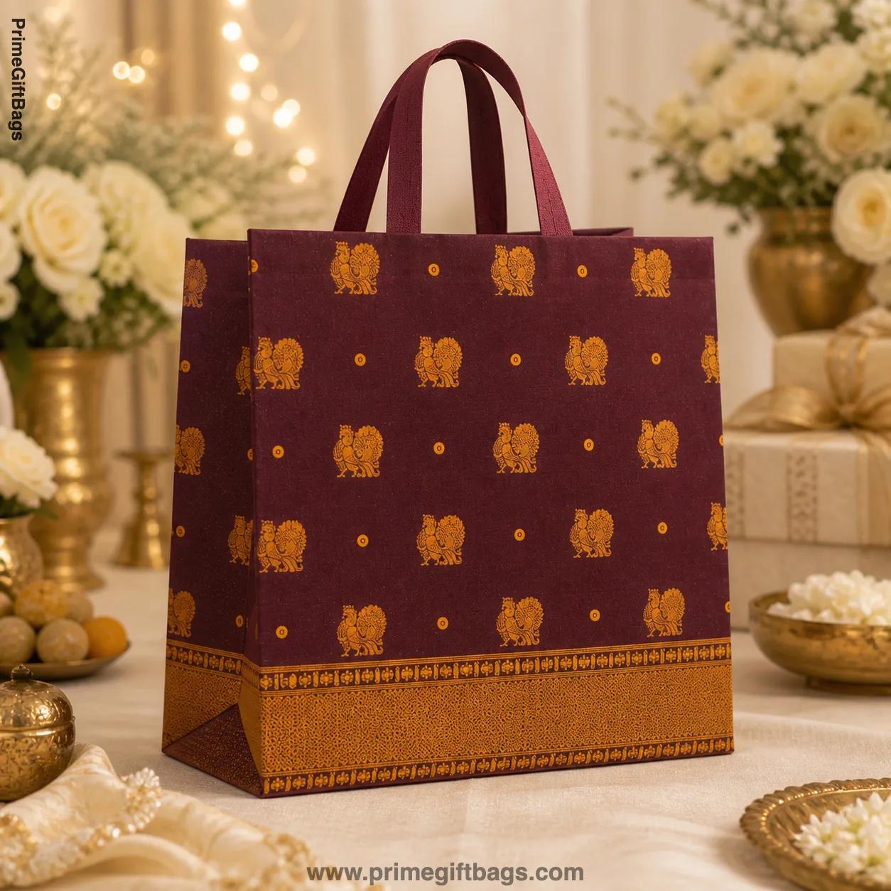 Maroon Peacock Print Non-Woven Gift Bags — Medium Pack of 10