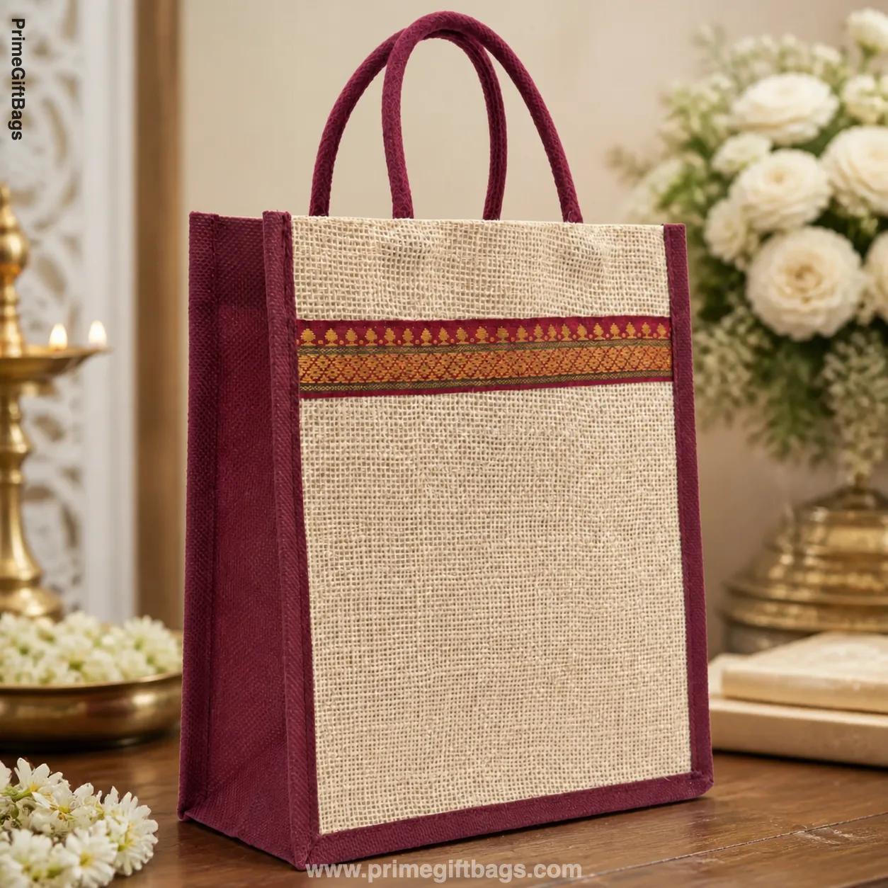 Maroon Traditional Border Jute Bag — Elegant Wedding Return Gift