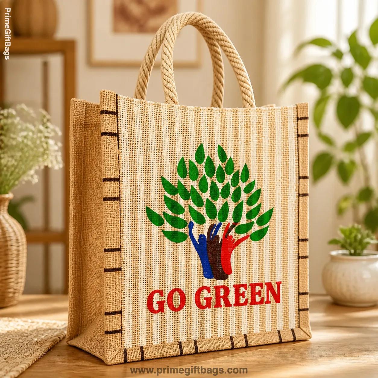 Natural 'Go Green' Zip Jute Bag — Eco-Friendly Reusable Tote