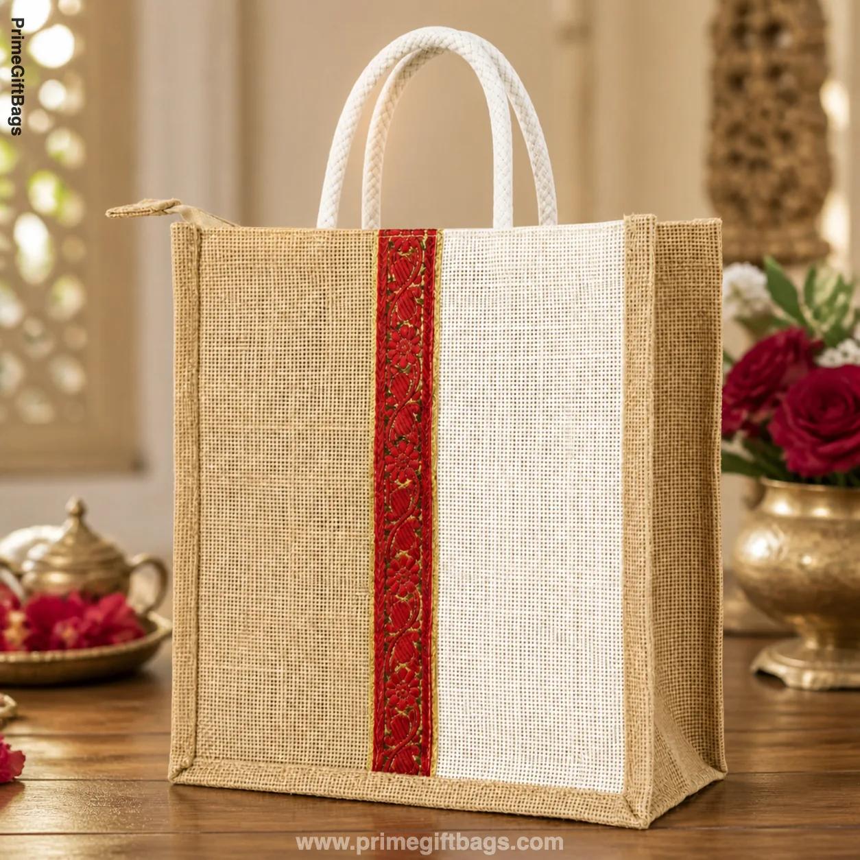Natural Red Ethnic Zip Jute Bag — Handcrafted Return Gift Tote