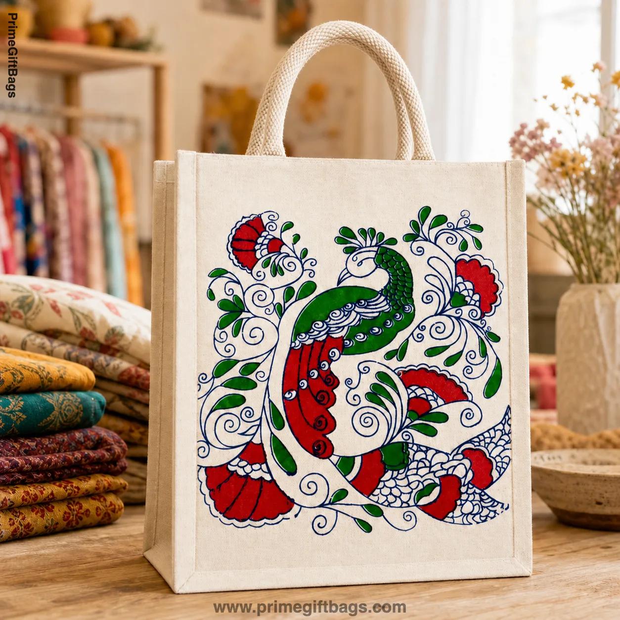 Peacock Canvas Tote Bag (Red & Blue) — Designer Reusable Shopper
