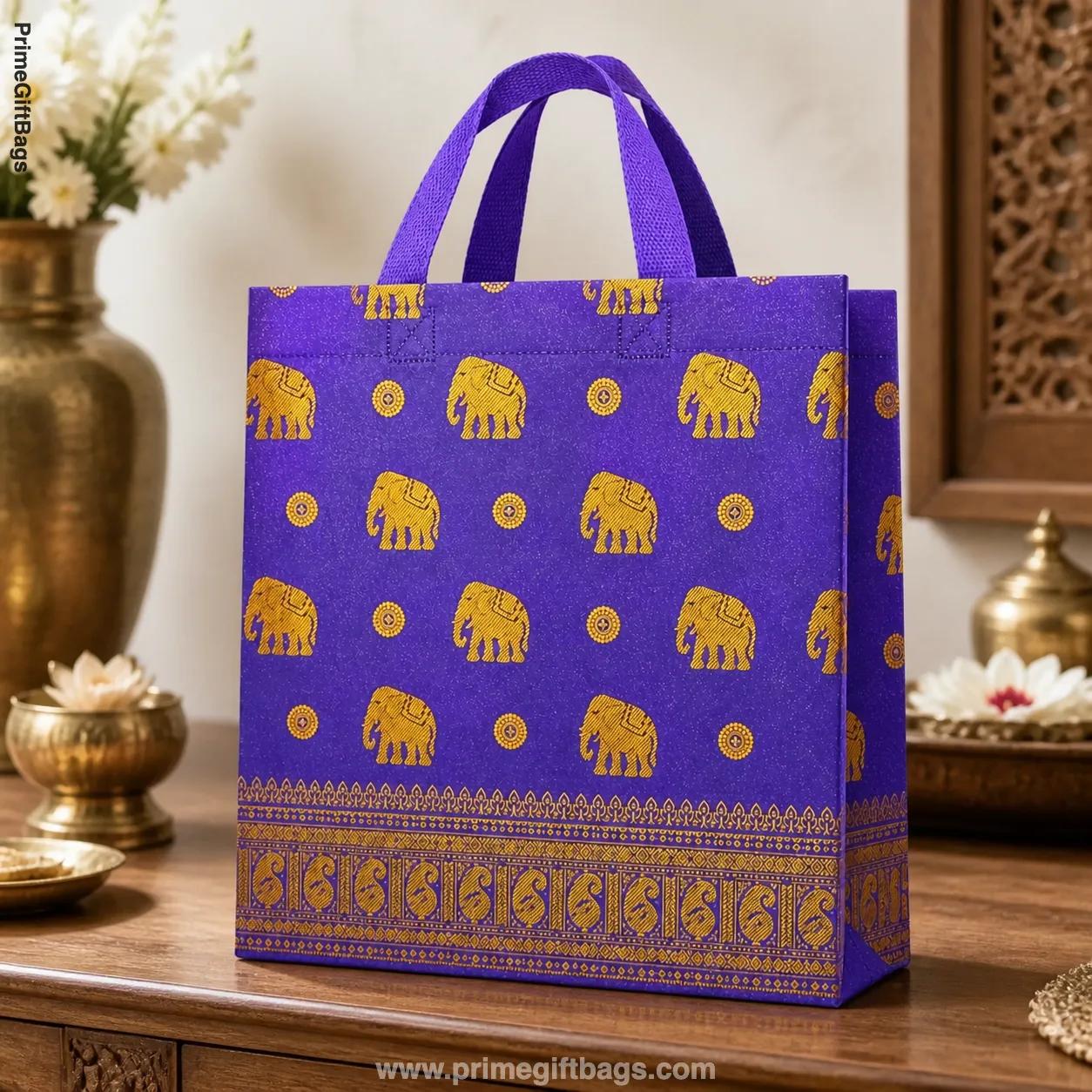 Purple Elephant Print Non-Woven Gift Bags — Medium Pack of 10
