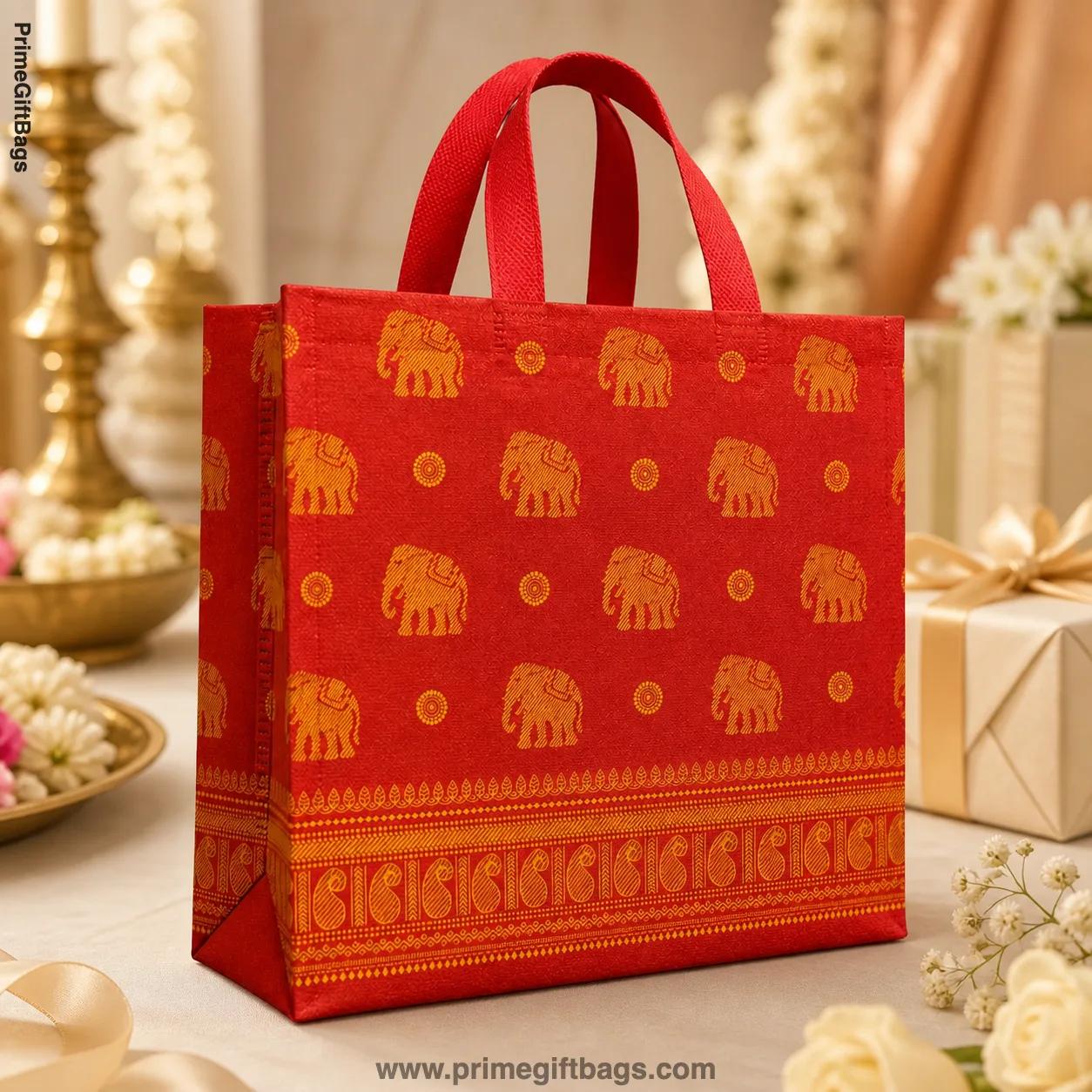 Red Elephant Print Non-Woven Gift Bags — Medium Pack of 10