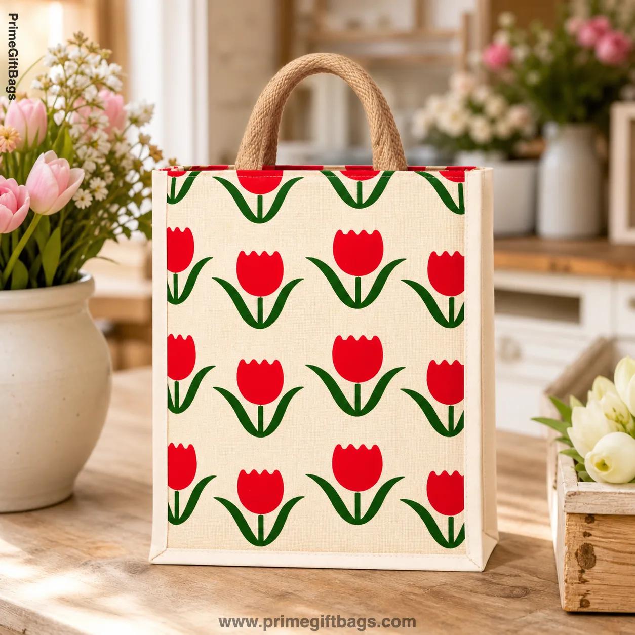 Red Tulip Print Canvas Tote Bag — Charming Reusable Shopping Bag