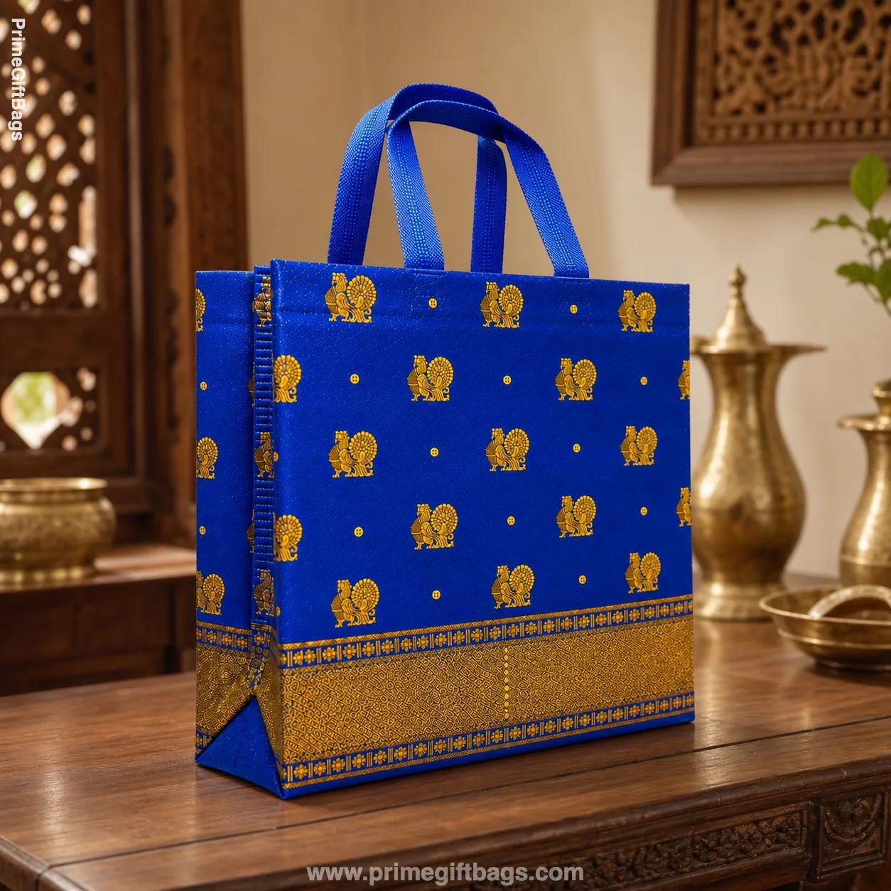 Royal Blue Peacock Print Non-Woven Gift Bags — Medium Pack of 10