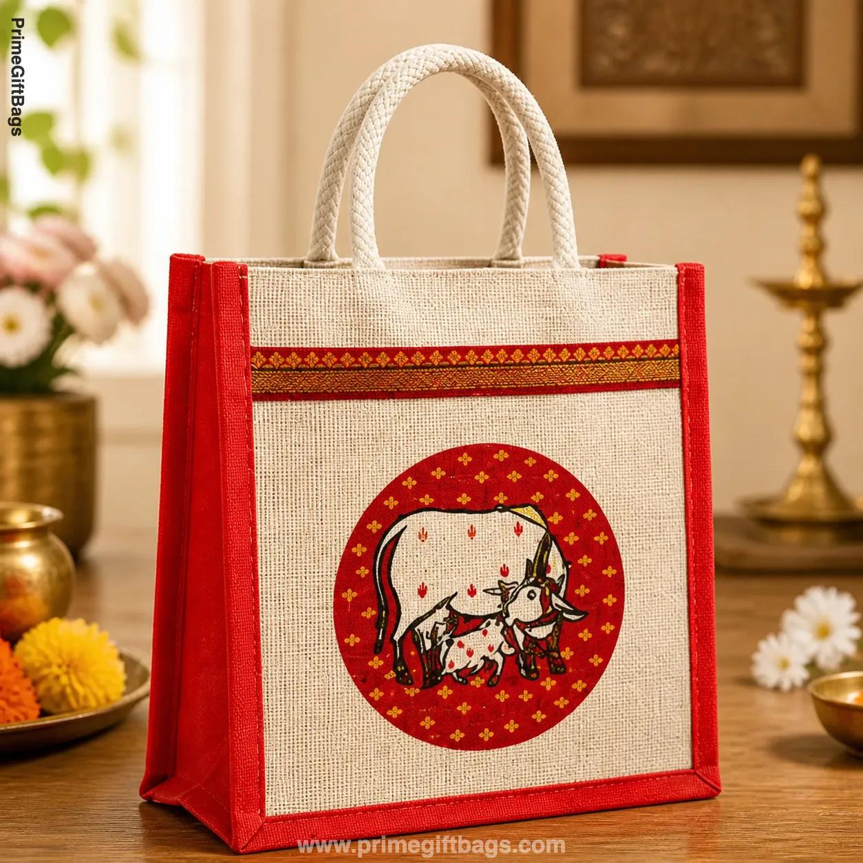 Traditional Kamadhenu Cow Print Jute Bag — Pooja Return Gift Tote