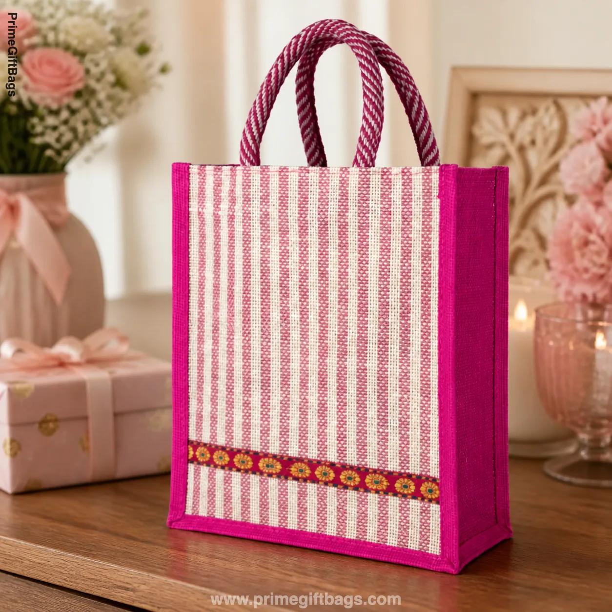Pink Border Jute Gift Bag